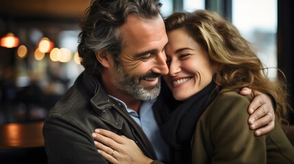 Mature bearded husband man and his beautiful wife woman with blonde hair hugging and smiling. Happy family, lovely couple, male and female spouse in marriage, love and affection, pair romance