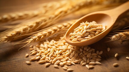 Organic nutritious uncooked barley wheat whole grain cereal seed in a wooden spoon close up wooden table kitchen photography, crops after the harvesting, branch stem and ripe, countryside agriculture