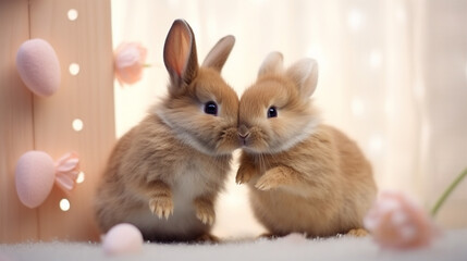 Two cute rabbits love. Friendship with the Easter Bunny. Happy rabbit.Generative AI