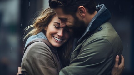 Mature bearded husband man and his beautiful wife woman with blonde hair hugging and smiling. Happy family, lovely couple, male and female spouse in marriage, love and affection, pair romance - obrazy, fototapety, plakaty
