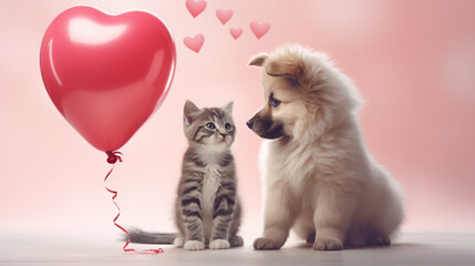 Fototapeta na wymiar Cute friendship between puppy and kitten, balloon in shape of heart.Generative AI