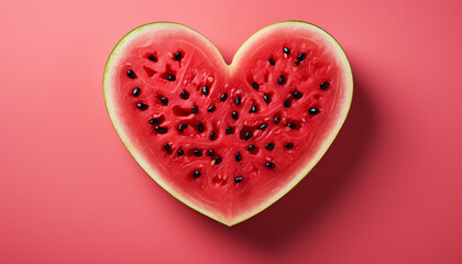 Heartfelt Melon Delight: Heart-shaped Slice of Watermelon with Black Seeds on a Pink Background