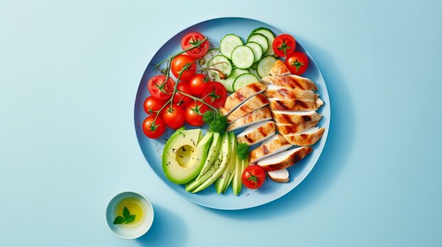 The blue desk snack lunch salad features sliced vegetable salad with chicken slices on a plate with fresh vegetables.