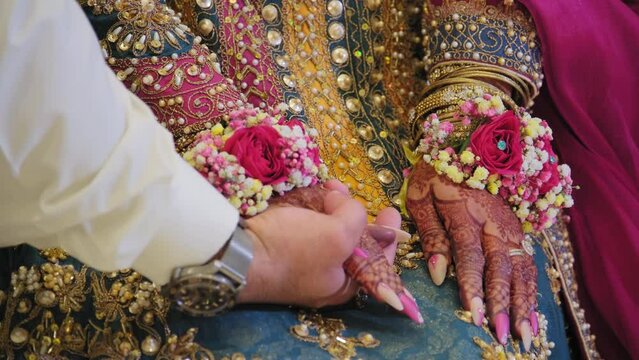 Elements of Beautiful woman dressed in traditional Indian hindu wedding. Couple standing together and hold hands together