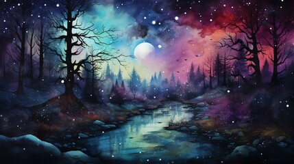 the mystical world of Halloween with a vibrant watercolor depiction of a spooky forest at night.