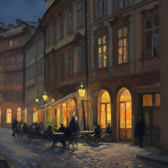 People at a cafe in the Street at night in Paris in old times in France. Illustration in oil painting style.	