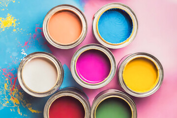 An open multicolored paint cans in flat lay Generation AI