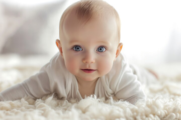 A cheerful baby with blue eyes, lying on a fluffy white rug.