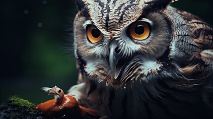 The small lizard animal's prey is caught by the owl in close-up. - obrazy, fototapety, plakaty