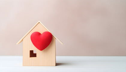 Wooden small house with red heart for happy family. Real estate,