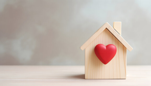 Wooden small house with red heart for happy family. Real estate,