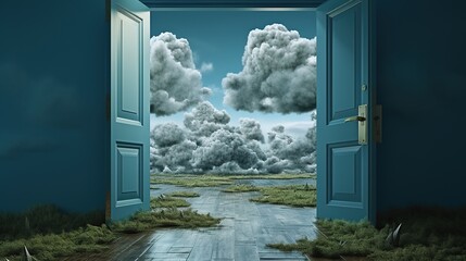 Surreal landscape with a door in the middle