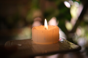 Beautiful candle in the room with green leaves , natural light , blurring background. Spa, beauty treatment and wellness background. 4K, slow motion. Candlelight. Relax atmosphere, beauty zen.