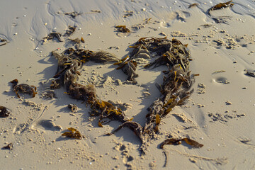 love heart shaped seaweed on sand at beach, valentines day