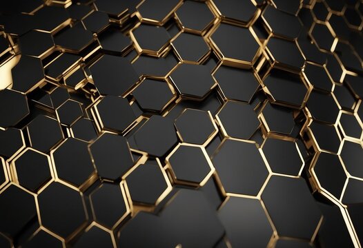 Luxury hexagonal abstract black metal background with golden light lines Dark grid pattern Pure black