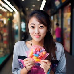 A young woman holding a bag of colorful jelly beans