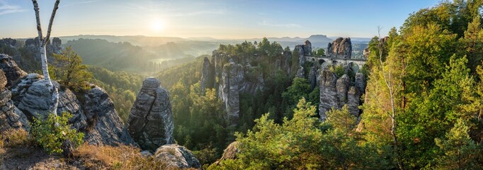 Bastei panorama at sunrise in summer, Saxon Switzerland, Saxony, Germany