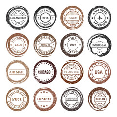 Post stamps, labels and badges. Grunge imprints and postmarks. Brown vintage circle postcard watermarks. Used envelope design elements. Vector illustration