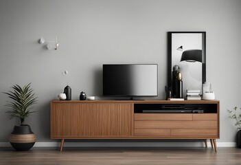 Simple minimal cabinet for tv interior wall mockup