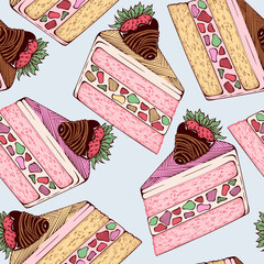 Cute Hand Drawn Cake Pieces Sweets. Vector Desserts Seamless Pattern for Valentine's Day Wallpapers or Wrapping Papers