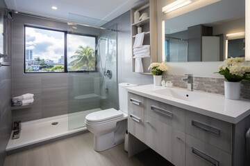 Modern bathroom interior with large glass shower and city view