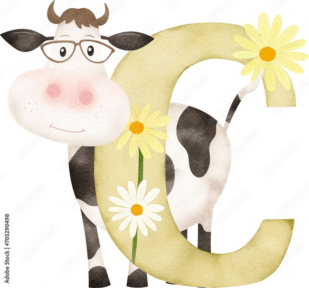 Poster letter c with cow illustration created with generative ai technology