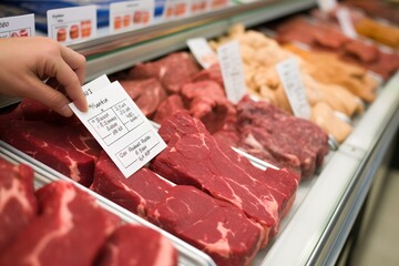 A Caucasian hand holding a price tag in front of a display of raw steaks and other meats in a grocery store