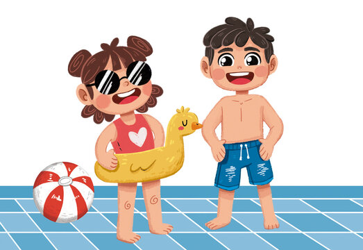 ni&ntilde;os en el piscina jugando con trajes de ba&ntilde;o,
