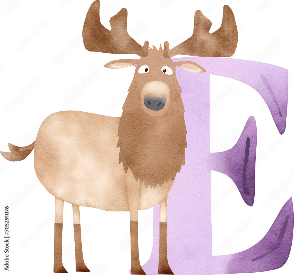 Poster letter e with elk illustration created with generative ai technology