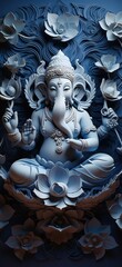 Blue 3D Ganesha Sculpture with Lotus Flowers