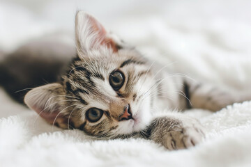 A kitten with striped fur lying on a fluffy white blanket.