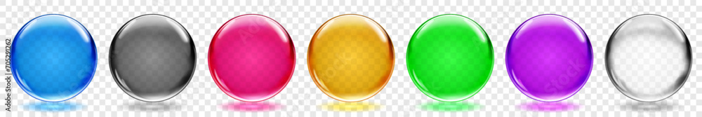 Wall mural set of translucent spheres in various colors with glares and shadows on transparent background, vect