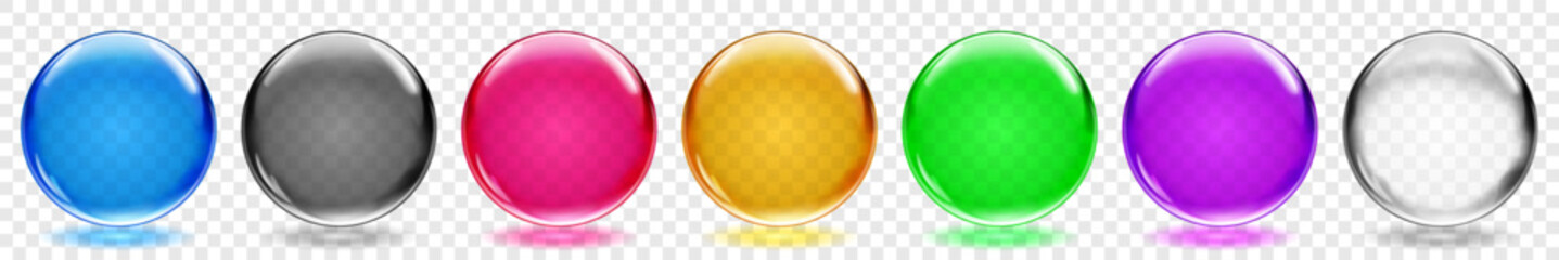 Set of translucent spheres in various colors with glares and shadows on transparent background, vector illustration for design projects and creative artwork