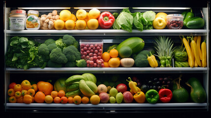 a counter in a store with vegetables and fruits for sale in a supermarket