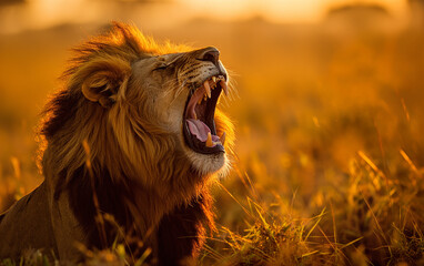 Roaring lion in savanna. Generative AI