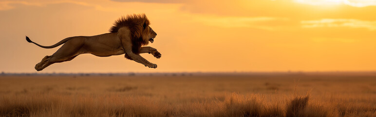 Lion jump in savanna africa, Panorama view. Generative AI