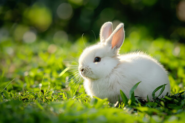 A white rabbit sits in green grass with sunlight highlighting its fur.