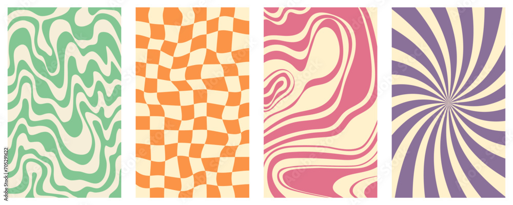 Wall mural groovy hippie 70s vector backgrounds set. chessboard and twisted patterns. backgrounds in trendy ret