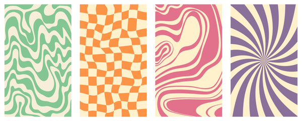 Groovy hippie 70s vector backgrounds set. Chessboard and twisted patterns. Backgrounds in trendy retro trippy style. Twisted and distorted vector texture in trendy retro psychedelic style