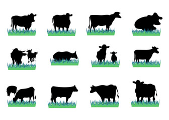 vector cow silhouette and green grass. set of animals.farm icons illustration flat style isolated