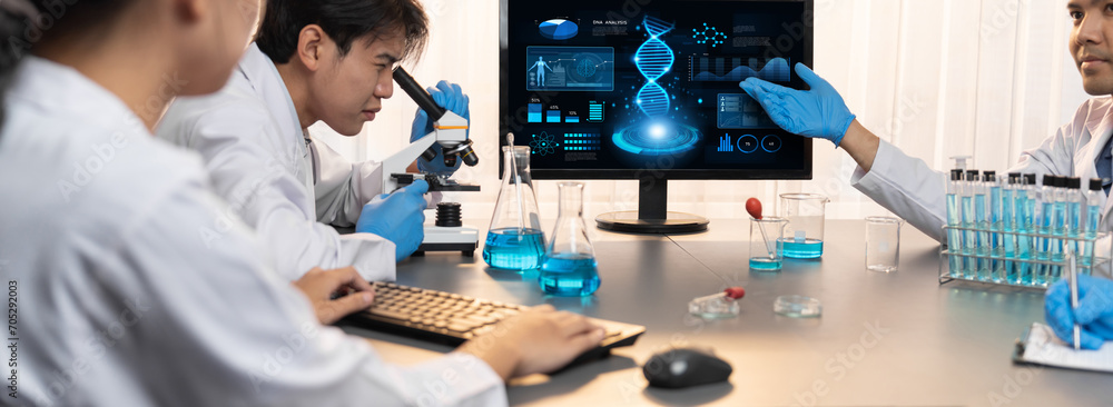 Aufkleber dedicated scientist group working on advance biotechnology computer software to study or analyze dna
