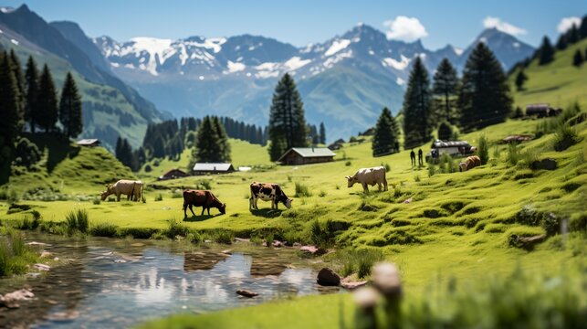 Grazing Cows in a Lush Green Alpine Pasture
