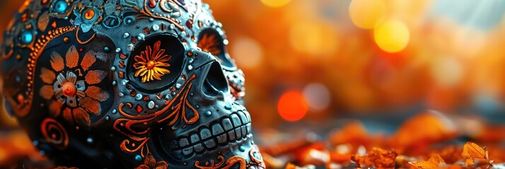 Traditional Calavera, Sugar Skull decorated with flowers. The day of the dead. - obrazy, fototapety, plakaty