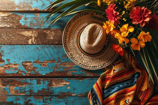 Mexican sombrero hat on wooden background, Chico de Mayo
