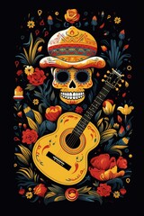 Skull in flowers and guitar, Mexican traditional holiday.