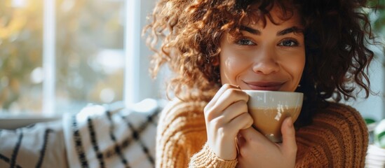 Woman peacefully sipping coffee.