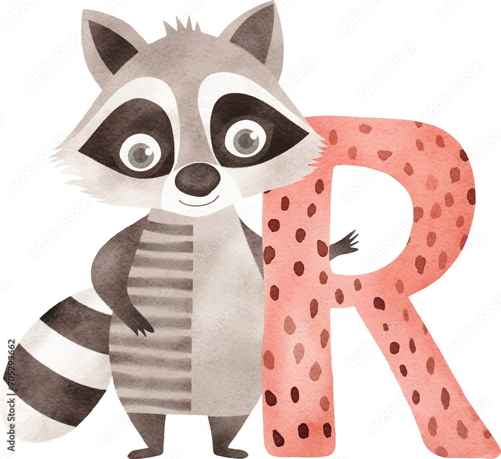 Aufkleber Letter R with raccoon illustration created with Generative AI technology