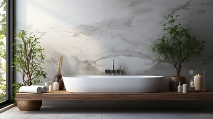 Freestanding bathtub in a modern bathroom with marble tiles and plants