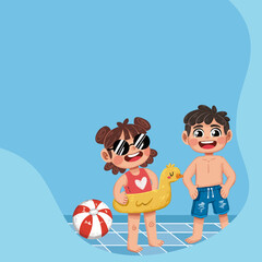 Naklejka premium post de niños en vacaciones de verano, playa y piscina 