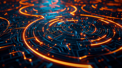 Fototapeta na wymiar Neon Circles And Lines Merging Into An Intricate Maz View Technology Wallpaper